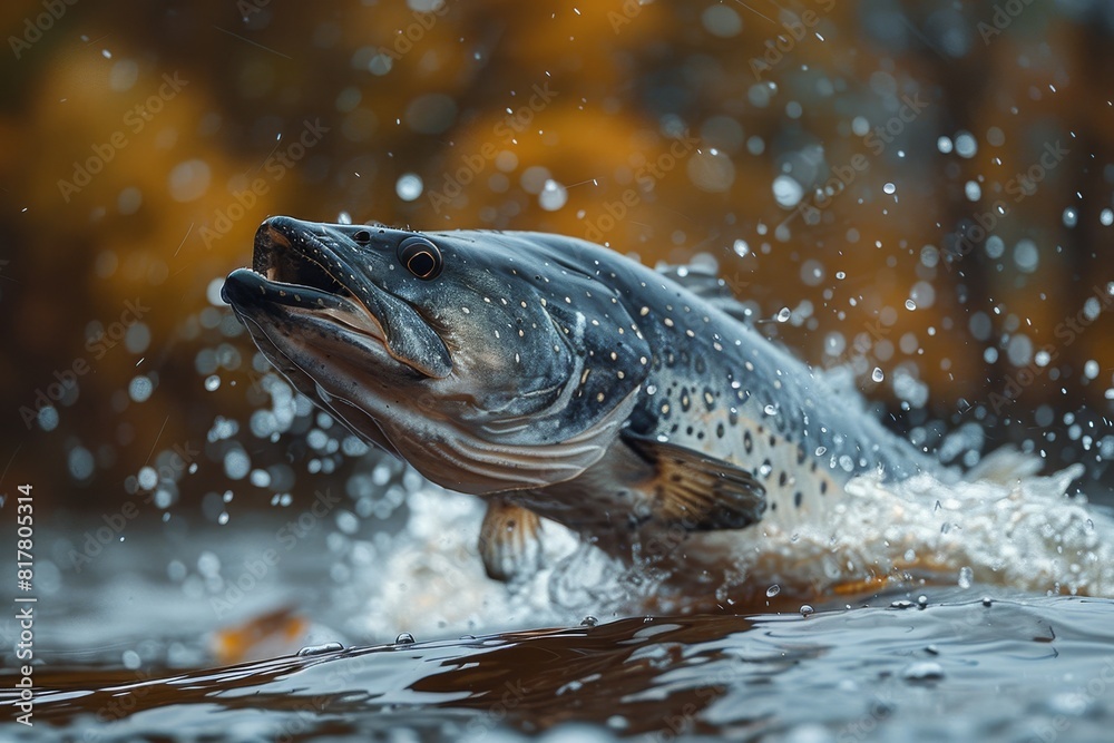 Sturgeon fish leaping out of a river, symbolizing conservation efforts. Sturgeon fish leaping out of a river, symbolizing conservation efforts.