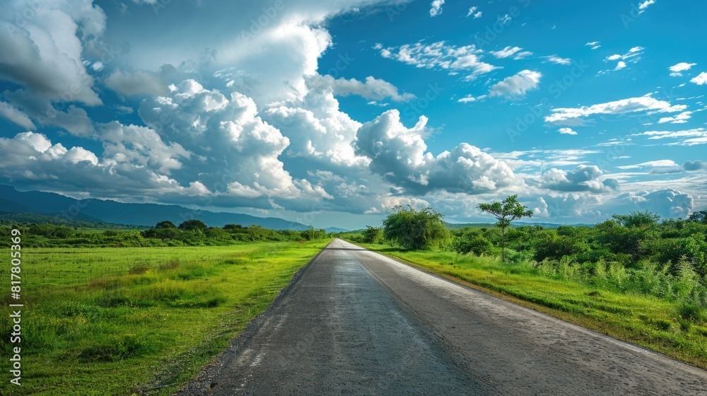 A long empty road stretching through a vast field. Suitable for travel and countryside concepts A long empty road stretching through a vast field. Suitable for travel and countryside concepts