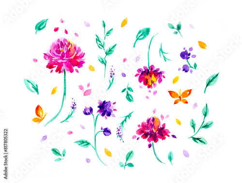 Watercolor multicolored wildflowers