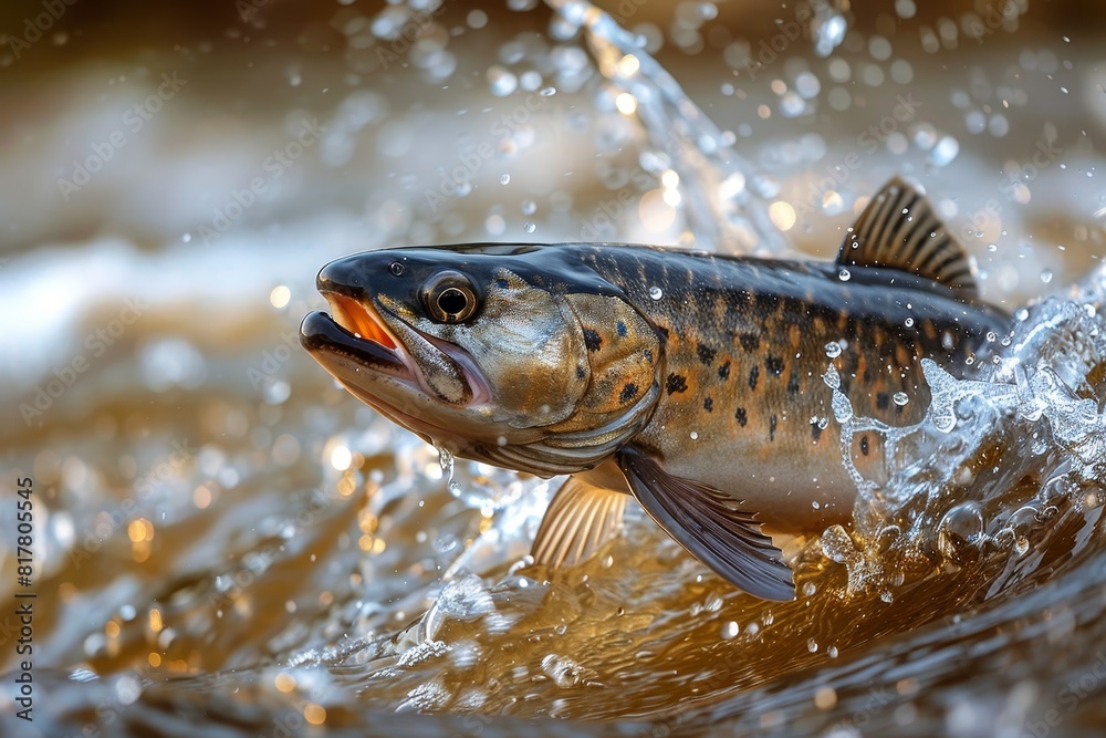 Sturgeon fish leaping out of a river, symbolizing conservation efforts. Sturgeon fish leaping out of a river, symbolizing conservation efforts.