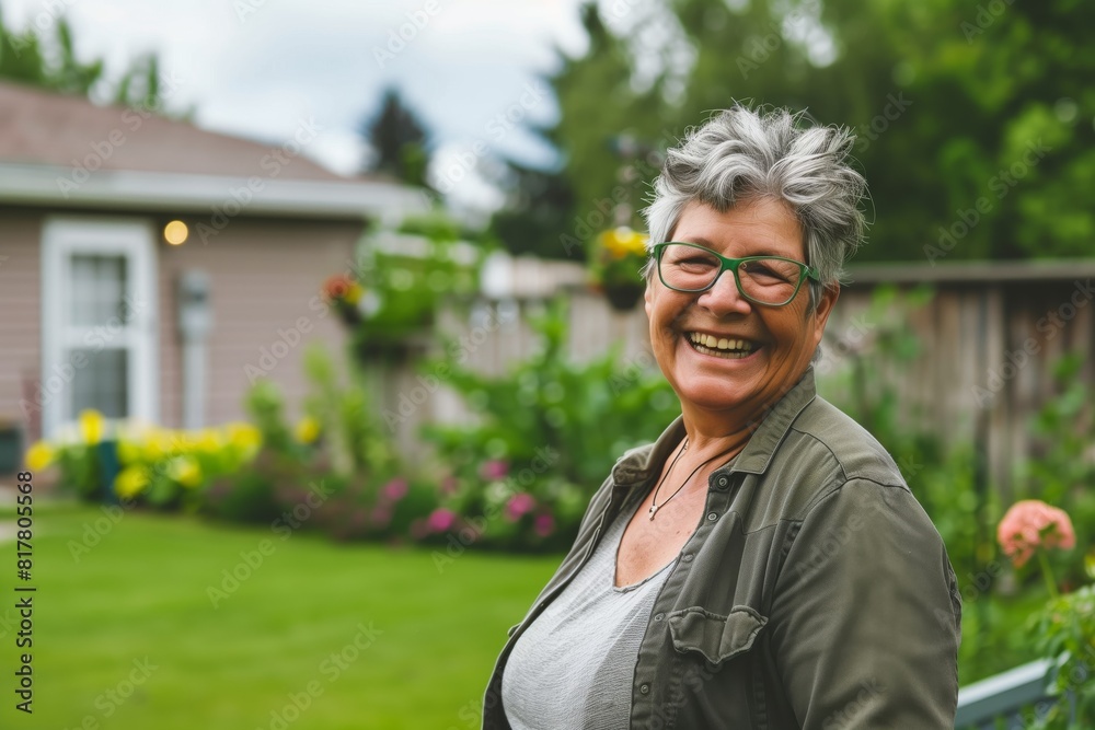 Smiling woman with short gray hair and glasses enjoying a garden on a bright day, wearing a casual outfit. Background includes greenery and a house. Smiling woman with short gray hair and glasses enjoying a garden on a bright day, wearing a casual outfit. Background includes greenery and a house.