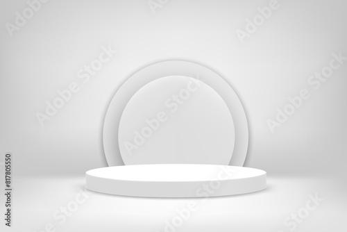 Bright white interior scene with round pedestal