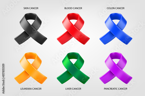 Cancer awareness symbols set. 3d vector color ribbons isolated on white background