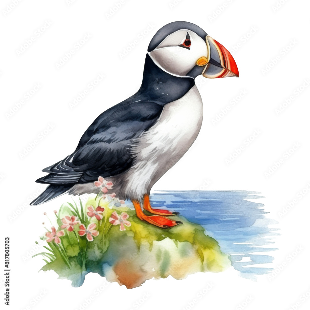 Naklejka premium Puffin, Bird Illustration. Watercolor Style. AI Generated