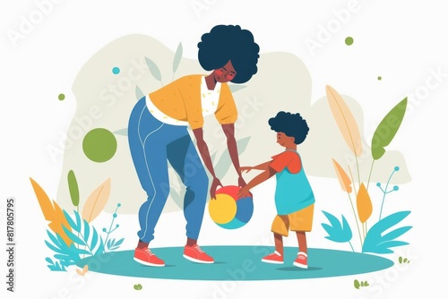 A woman assisting a child with a ball. Suitable for educational materials