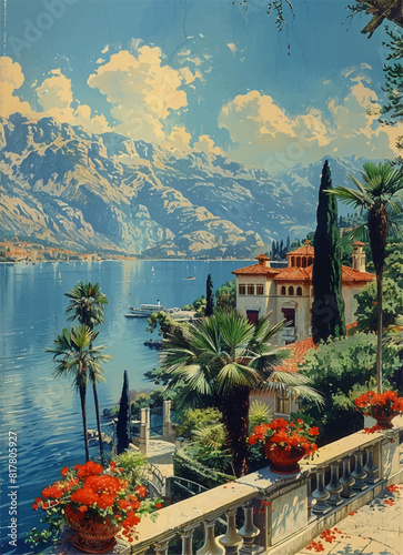 postacard of lake, garden walkway, houses, switzerland, vibrant colors in nature, nature painter,  italian landscapes