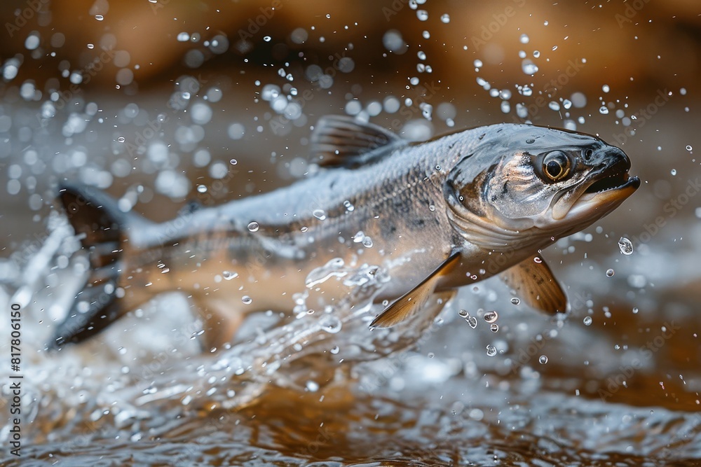 Sturgeon fish leaping out of a river, symbolizing conservation efforts. Sturgeon fish leaping out of a river, symbolizing conservation efforts.
