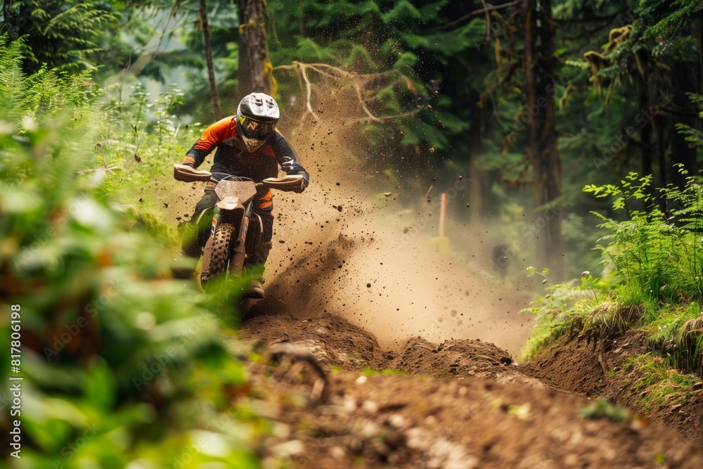 Naklejka premium A motocross rider in protective gear navigating a dirt trail in a lush forest, kicking up mud and dirt as they ride at high speed.