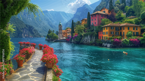 illustration of lake, garden walkway, houses, switzerland, vibrant colors in nature, nature painter,  italian landscapes