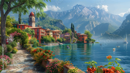 illustration of lake, garden walkway, houses, switzerland, vibrant colors in nature, nature painter,  italian landscapes