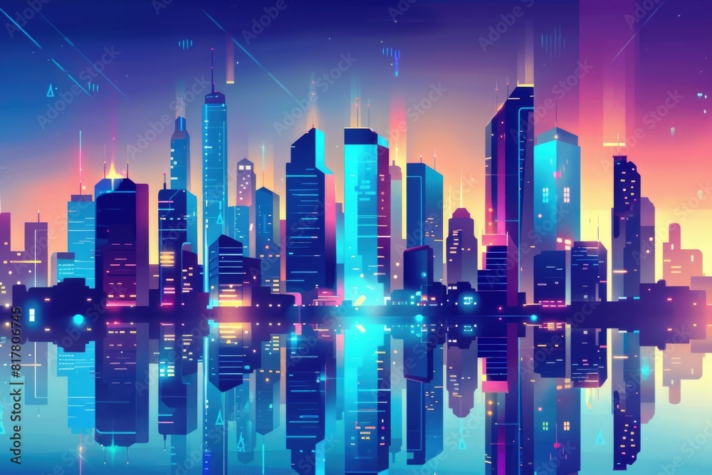 Urban skyline with skyscrapers reflecting in water, ideal for cityscape themes
