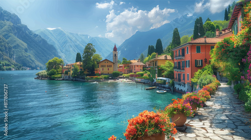 illustration of lake, garden walkway, houses, switzerland, vibrant colors in nature, nature painter,  italian landscapes