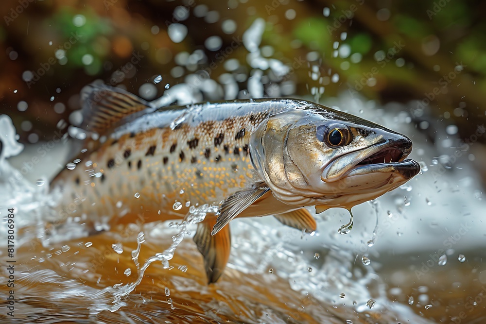 Sturgeon fish leaping out of a river, symbolizing conservation efforts. Sturgeon fish leaping out of a river, symbolizing conservation efforts.