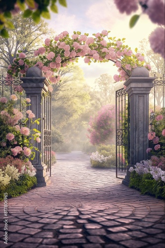 Fototapeta Naklejka Na Ścianę i Meble -  Dreamy garden entrance with a flowering arch