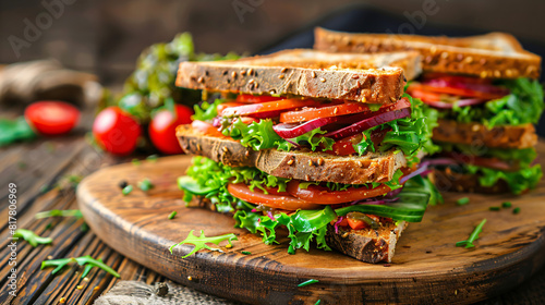 Tasty sandwiches with lettuce on wooden table