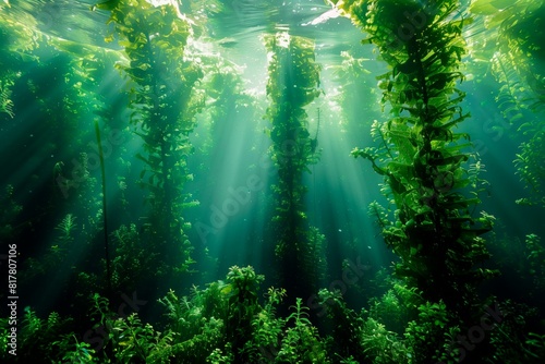 Seaweed forest landscape. Sunbeams coming from above. Bright scene. World ocean day
