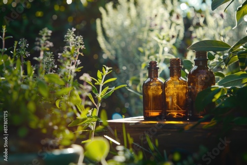 Group of bottles on a rustic wooden table, suitable for various projects