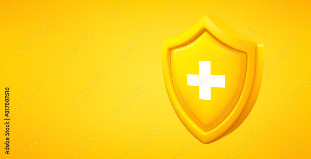 Obraz premium Yellow shield with plus sign isolated on yellow background. 3d vector banner with copy space