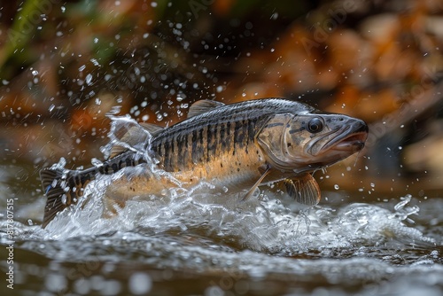Sturgeon fish leaping out of a river, symbolizing conservation efforts. 