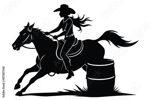 A vector silhouette of a rodeo cowgirl barrel racing design