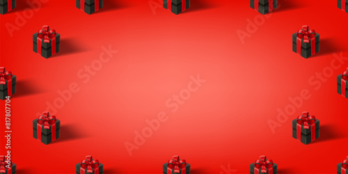 Abstract background with gift boxes with red bows. 3d vector
