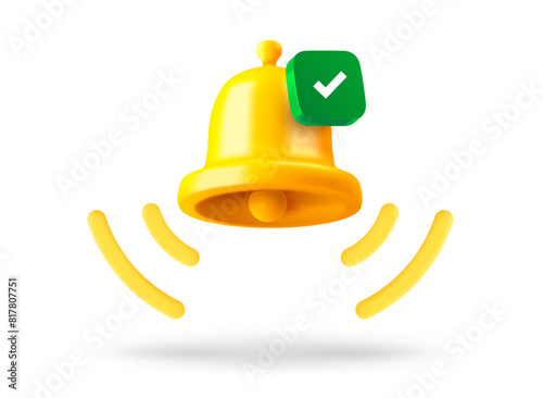 Ringing bell with checkmark icon. 3d vector object isolated on white background