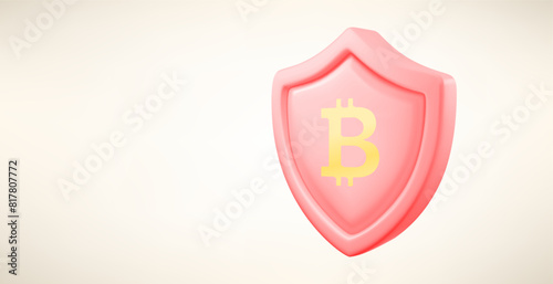 Metal shield with bitcoin sign isolated on white background. 3d vector banner with copy space