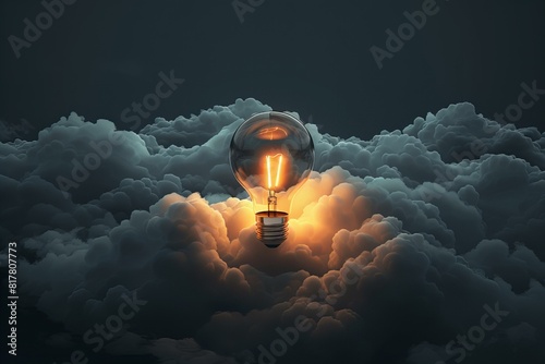 A light bulb in the clouds with a dark backdrop