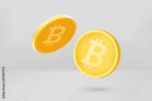 Golden bitcoins coins on grey background. 3d vector illustration