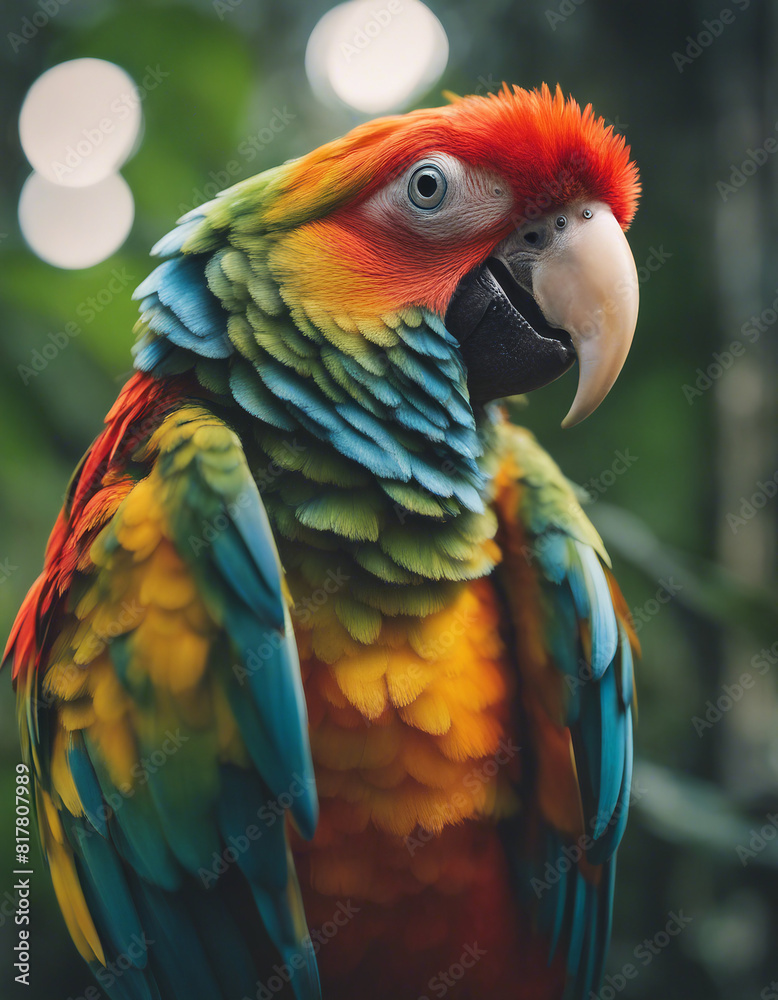 portrait of A vibrant parrot perched amidst the dense rainforest, echoing calls of the wild
