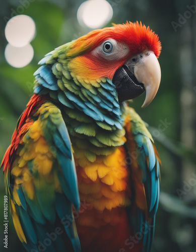 portrait of A vibrant parrot perched amidst the dense rainforest, echoing calls of the wild  © abu