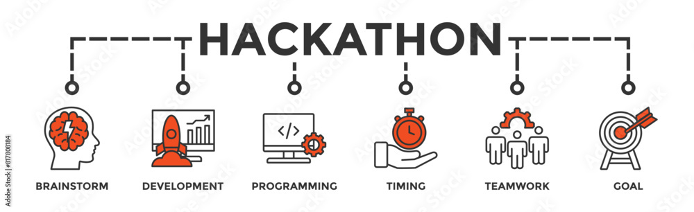 Hackathon banner web icon vector illustration concept for design sprint-like social coding event with icon of brainstorm, development, programming, timing, speed, teamwork, and goal Hackathon banner web icon vector illustration concept for design sprint-like social coding event with icon of brainstorm, development, programming, timing, speed, teamwork, and goal