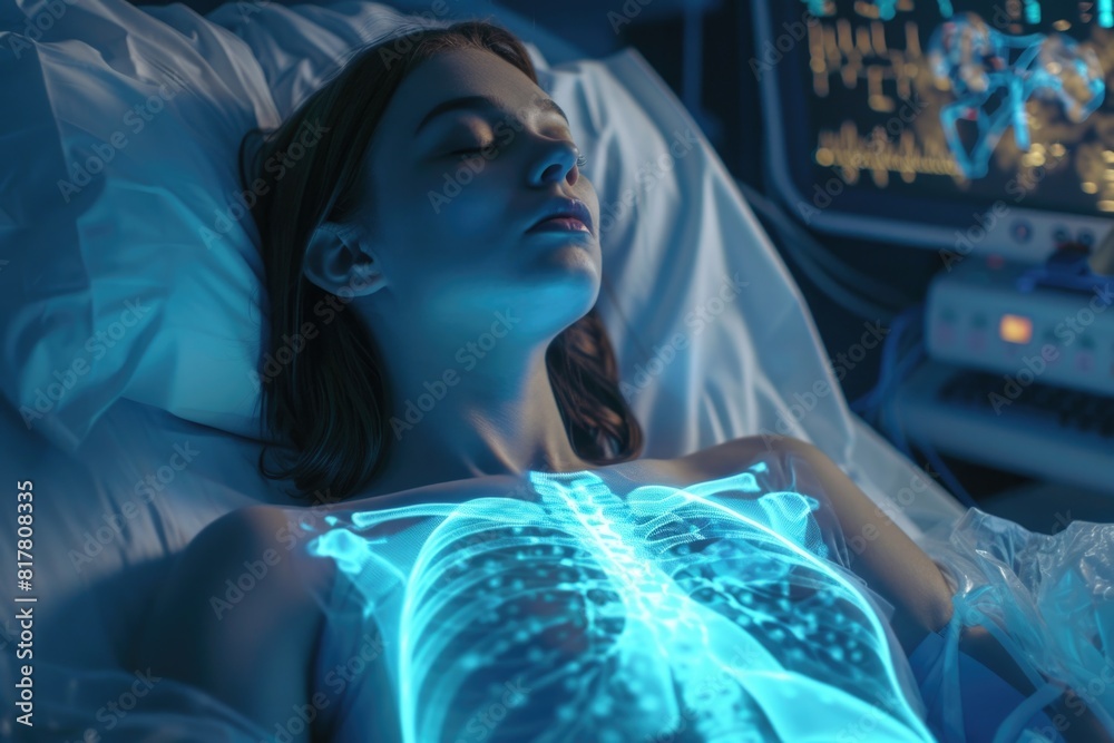 A woman laying in a hospital bed with a glowing chest. Suitable for medical and healthcare concepts A woman laying in a hospital bed with a glowing chest. Suitable for medical and healthcare concepts