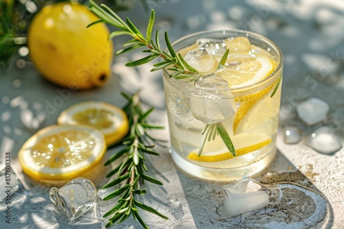 A glass of lemonade with a sprig of rosemary, perfect for summer menus