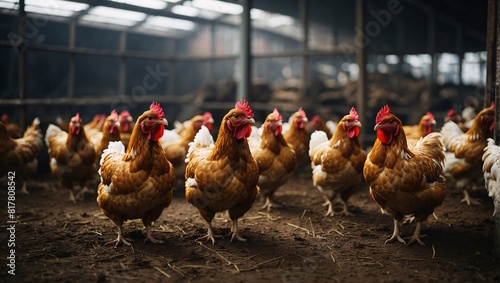 Chickens and eggs. Modern poultry farm features a coop with a flock of brown chickens. Specializing in organic chicken and egg production, this facility emphasizes sustainable farming practices photo