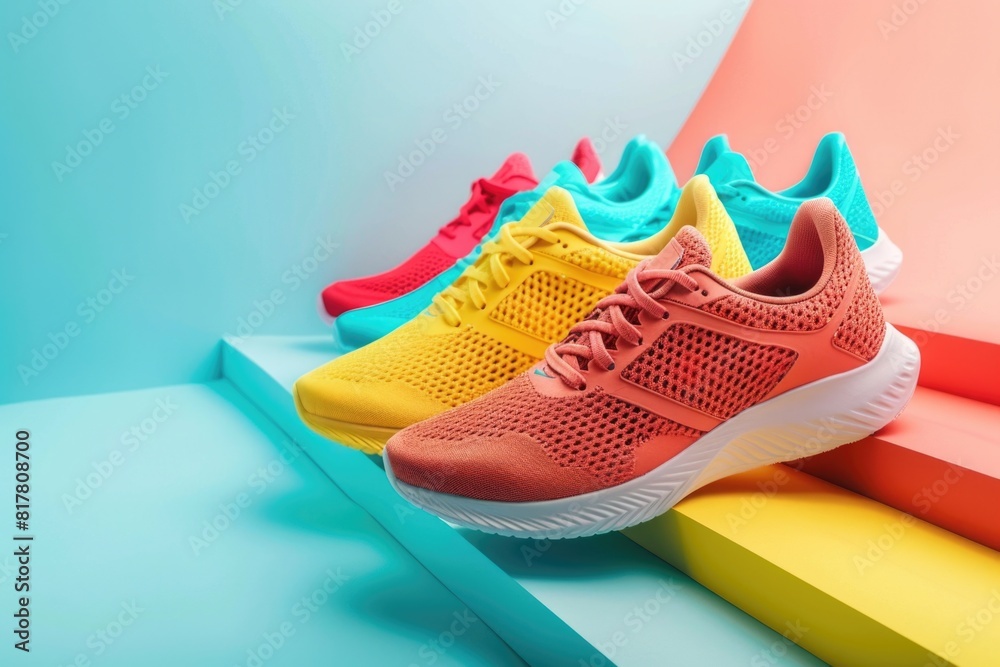A row of colorful running shoes displayed on a shelf. Perfect for sports and fitness themes A row of colorful running shoes displayed on a shelf. Perfect for sports and fitness themes