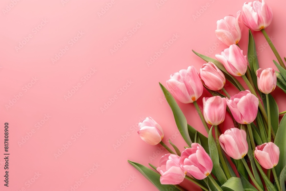 Beautiful pink tulips bouquet on a soft pink background. Perfect for springtime or feminine themes