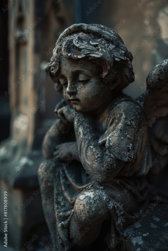 Detailed view of an angel statue, suitable for religious or memorial themes Detailed view of an angel statue, suitable for religious or memorial themes
