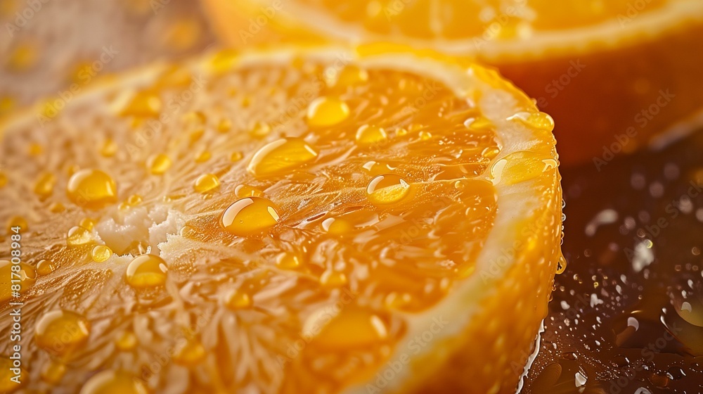 Close-up sliced orange with water drops on Close-up sliced orange with water drops on