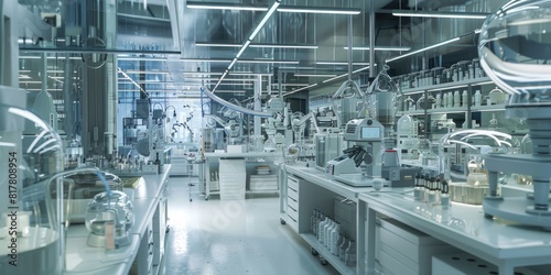 A scientific lab filled with a variety of laboratory equipment. Ideal for educational or research concepts