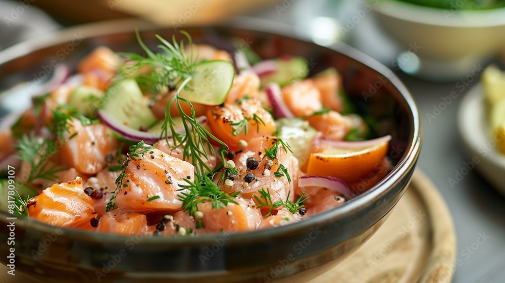 Bowl gravlax dish cured salmon typically served with dill cucumber Bowl gravlax dish cured salmon typically served with dill cucumber