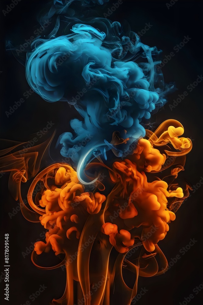 Fototapeta premium blue and orange smoke on dark background, fire smoke abstract wallpaper theme, smoke on black, 