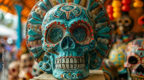 Painted ceramic skull with bright colors intricate designs traditional mexican folk art