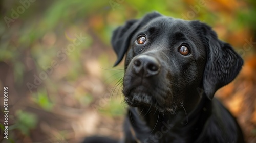 Black labrador retriever sits in forest photo