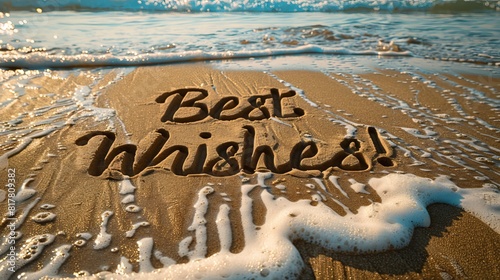 A picturesque beach scene with "Best wishes!" carved in large letters into the golden sand, waves gently lapping nearby 