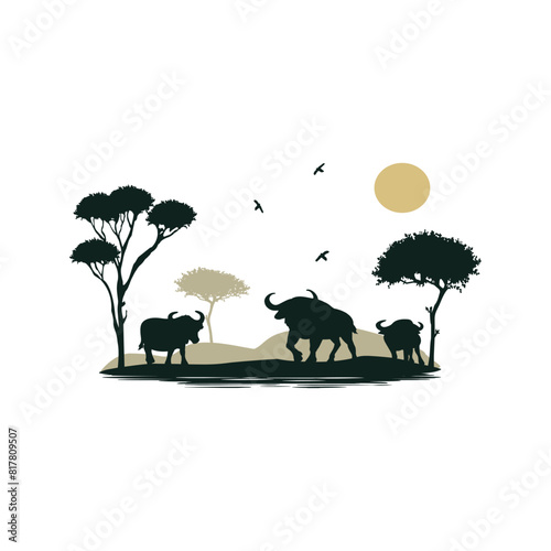 African landscape with buffaloes vector silhouette. Buffalo, safari african wildlife, vector silhouette