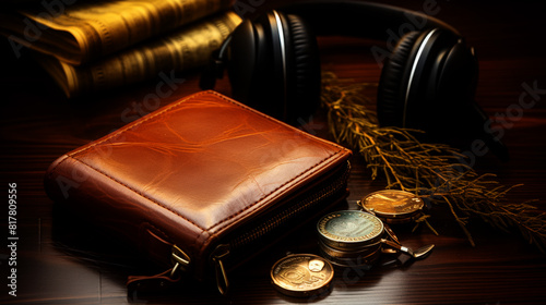 Leather Wallet with Headphones and Coins on Wooden Table. Generative ai