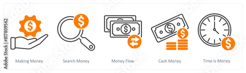 A set of 5 Banking icons as money making, search money, money flow
