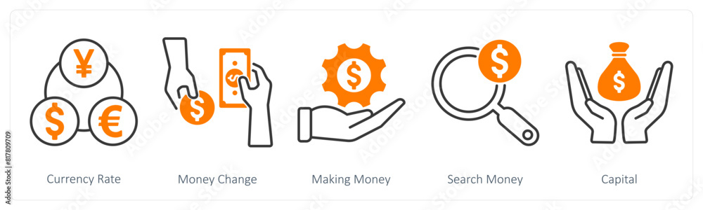 A set of 5 Banking icons as currency rate, money change, money making