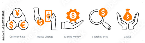 A set of 5 Banking icons as currency rate, money change, money making